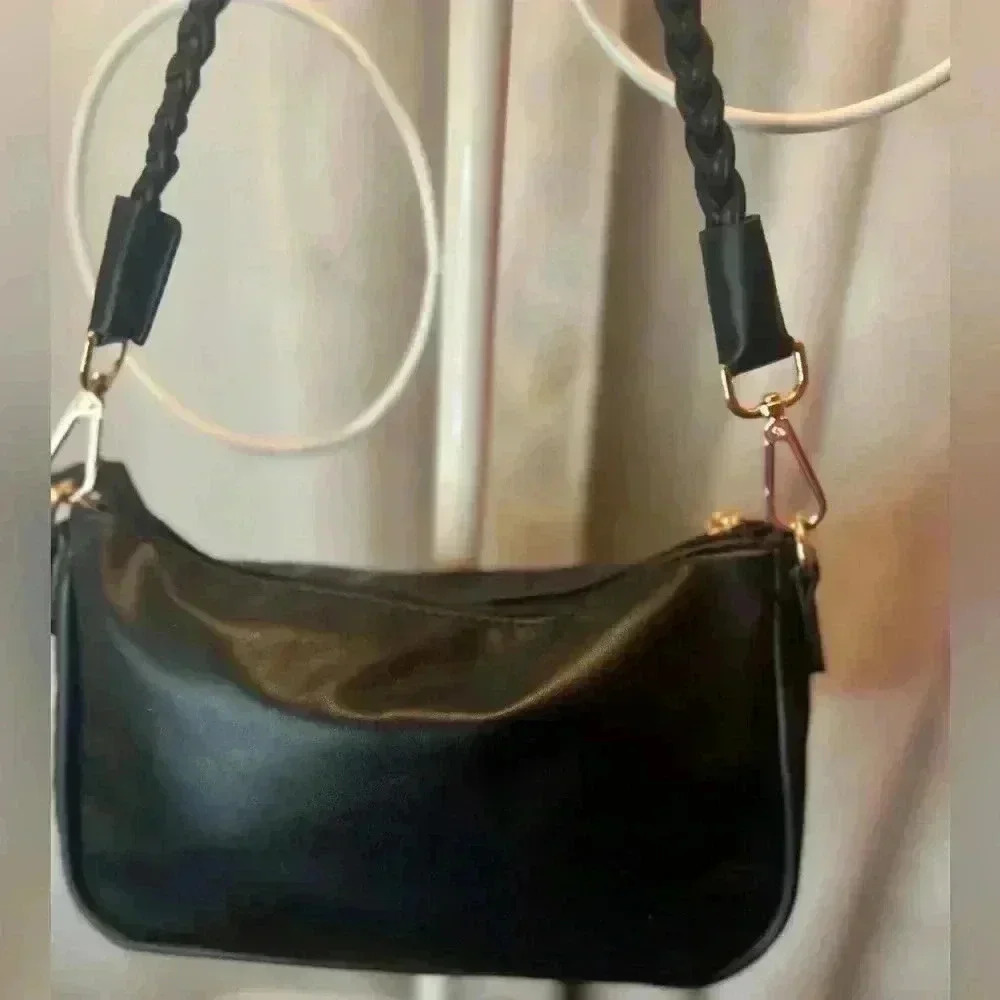 Black Vegan leather shoulder bag with braided strap